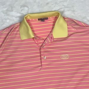 Peter Millar polo shirt short sleeve large. Pink and yellow stripes.
